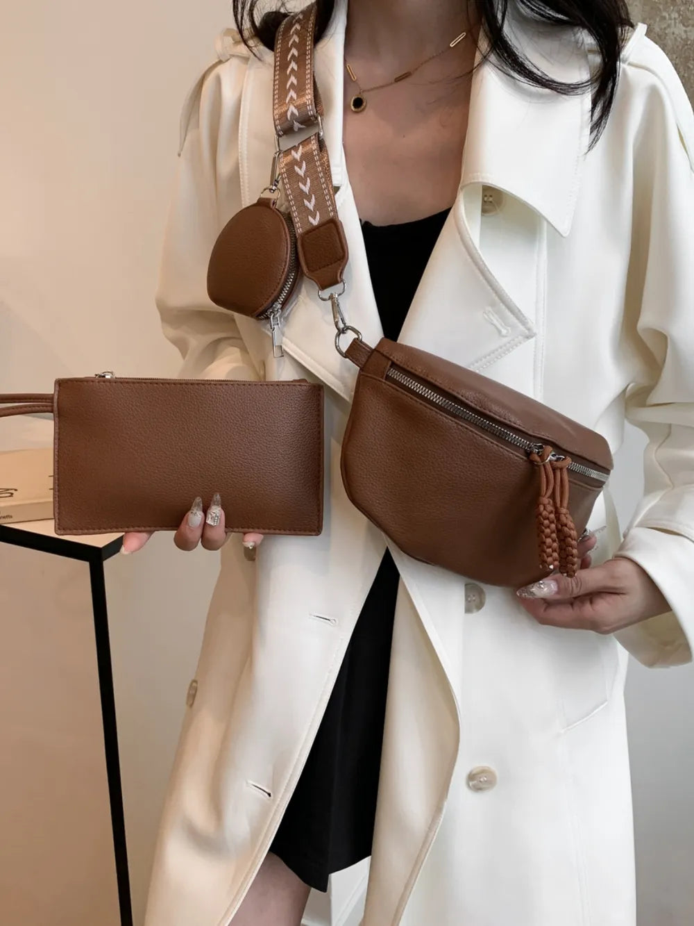 PU Leather Adjustable Strap Crossbody Bag with Coin Purse - LaTezza Online Shop