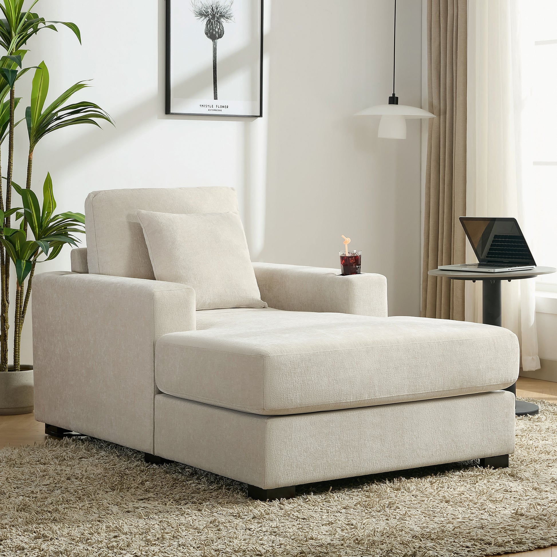 39.7" Oversized Chaise Lounger Modern Style Sofa Couch ,with Pillows, Charge Station & Cup Holders, Chenille Fabric, Cream - LaTezza Online Shop