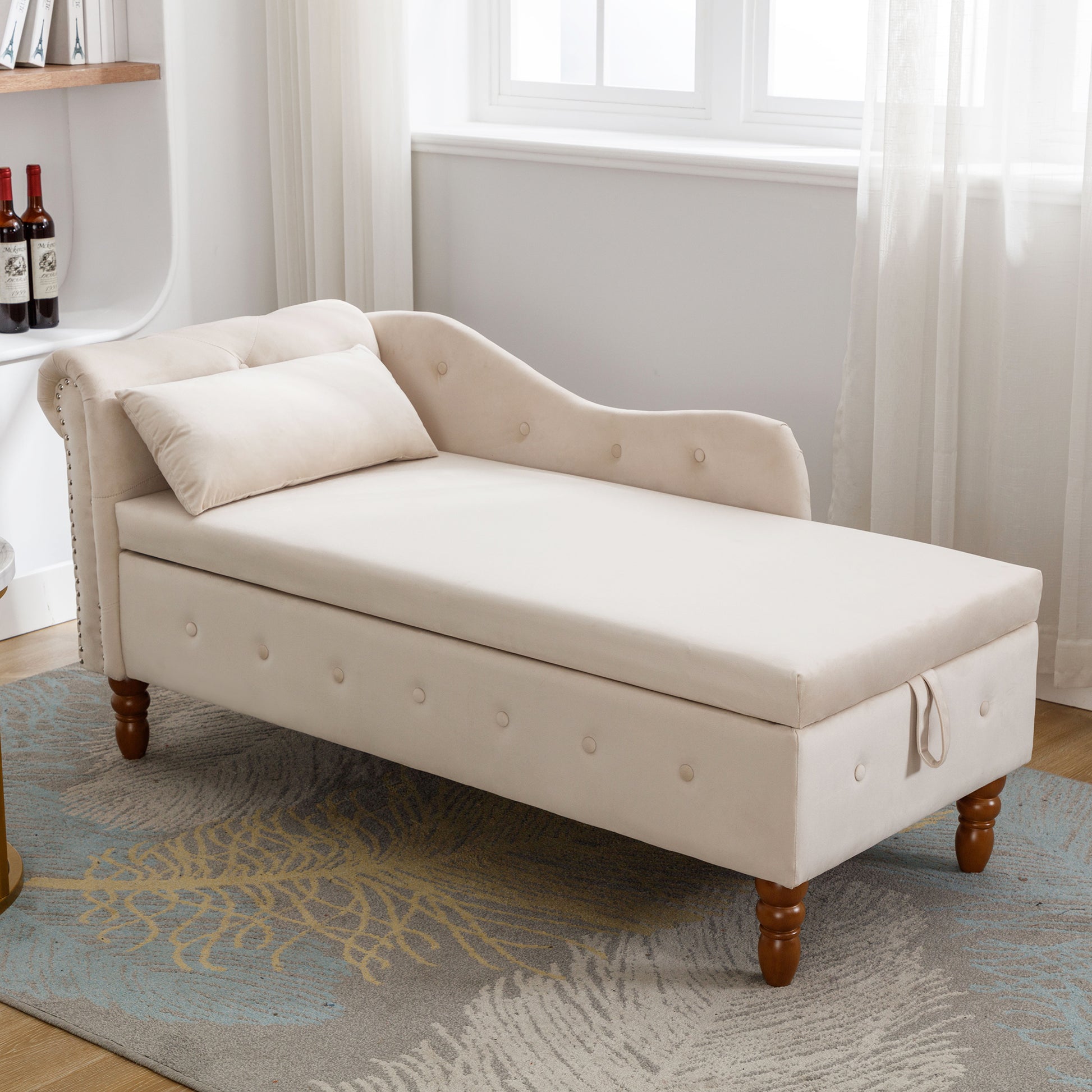 Beige Chaise Lounge Indoor Velvet Lounge Chair for Bedroom with Storage & Pillow Modern Upholstered Rolled Arm Chase Lounge - LaTezza Online Shop