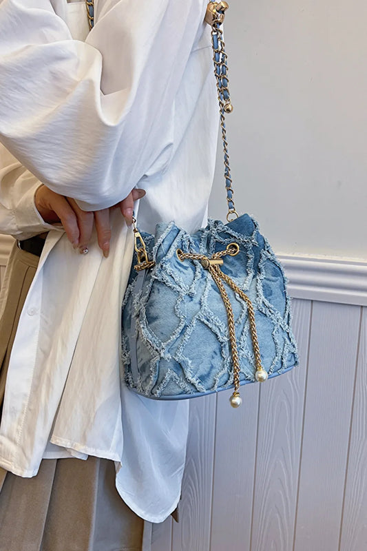 Chain Drawstring Raw Edge Denim Bucket Bag - LaTezza Online Shop