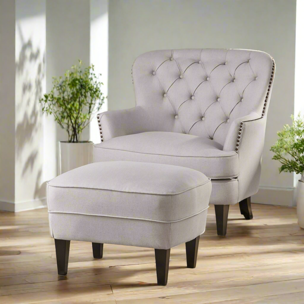Arm Chair with Ottoman Modern light grey tufted fabric club chair and Ottoman set, stylish cushioned armchair - LaTezza Online Shop