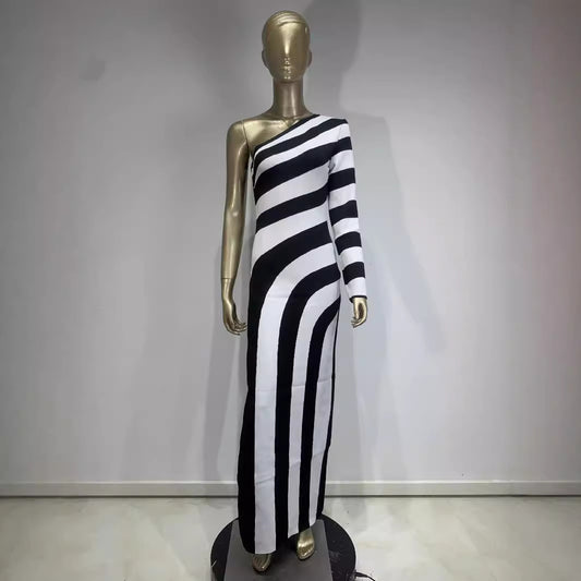 Zebra print single shoulder long sleeved open leg bandage dress banquet party dress - LaTezza Online Shop