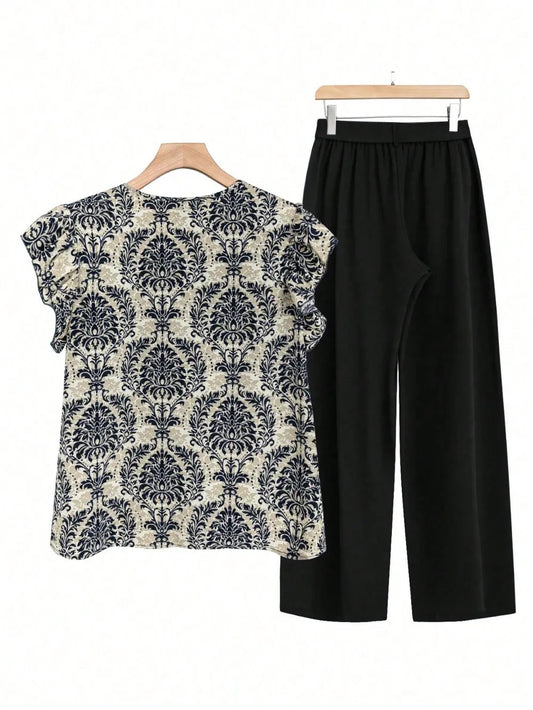 Printed Ruffled Cap Sleeve Top and Pants Set - LaTezza Online Shop