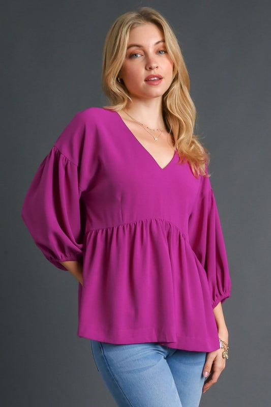 Umgee Full Size V-Neck Puffed 3/4 Sleeve Babydoll Blouse Plus Size - LaTezza Online Shop