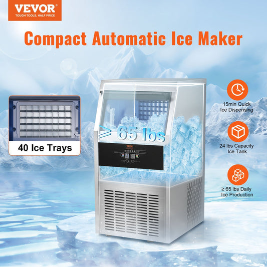 VEVOR 110V Commercial Ice Maker 65LBS 24H With 24LBS Bin Heavy Duty Stainless Steel Construction Automatic Operation 