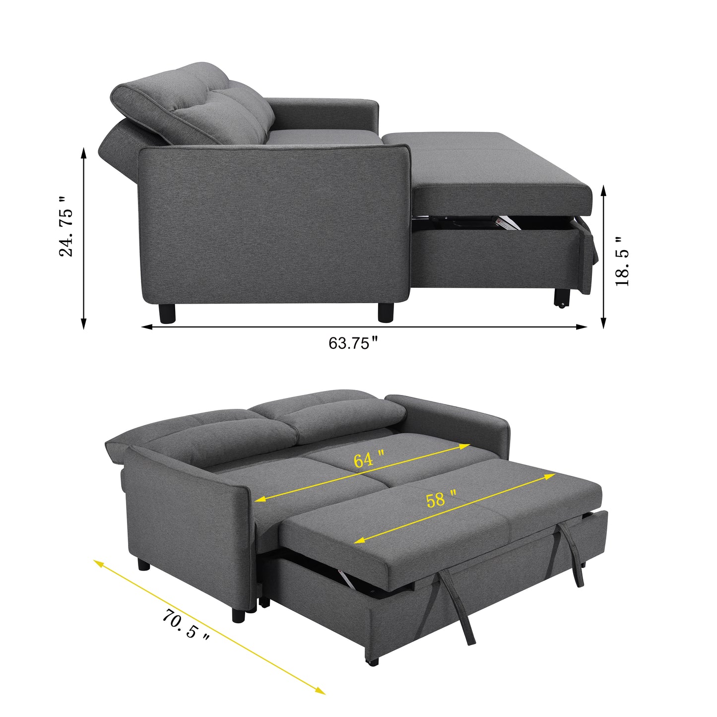 3 in 1 Convertible Sleeper Sofa Bed Modern Fabric Loveseat Futon Sofa Couch w/Pullout Bed Grey - LaTezza Online Shop