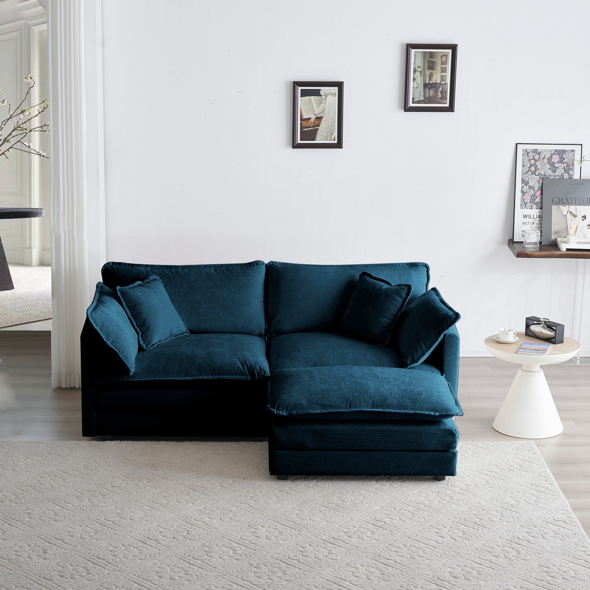 Chenille double sofa with 1 foot pedal, 2 seats L-shaped section, Ottoman style blue Chenille - LaTezza Online Shop