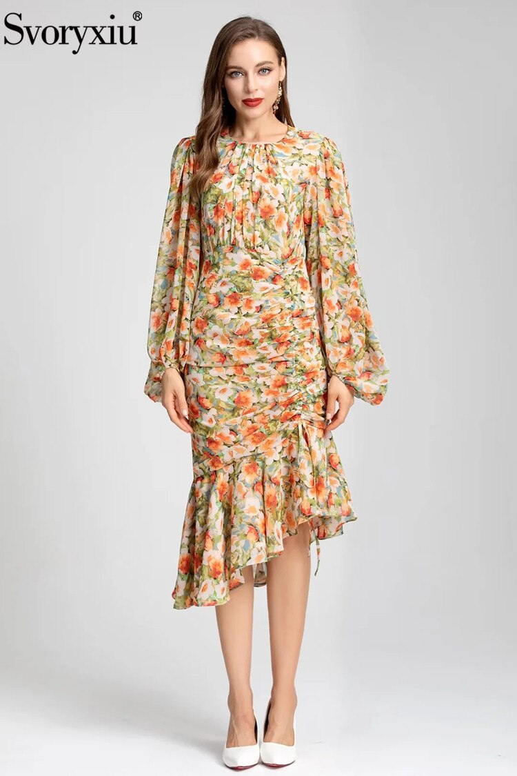  Women's Lantern Sleeve Print High Waist Slim Midi Mermaid Dress