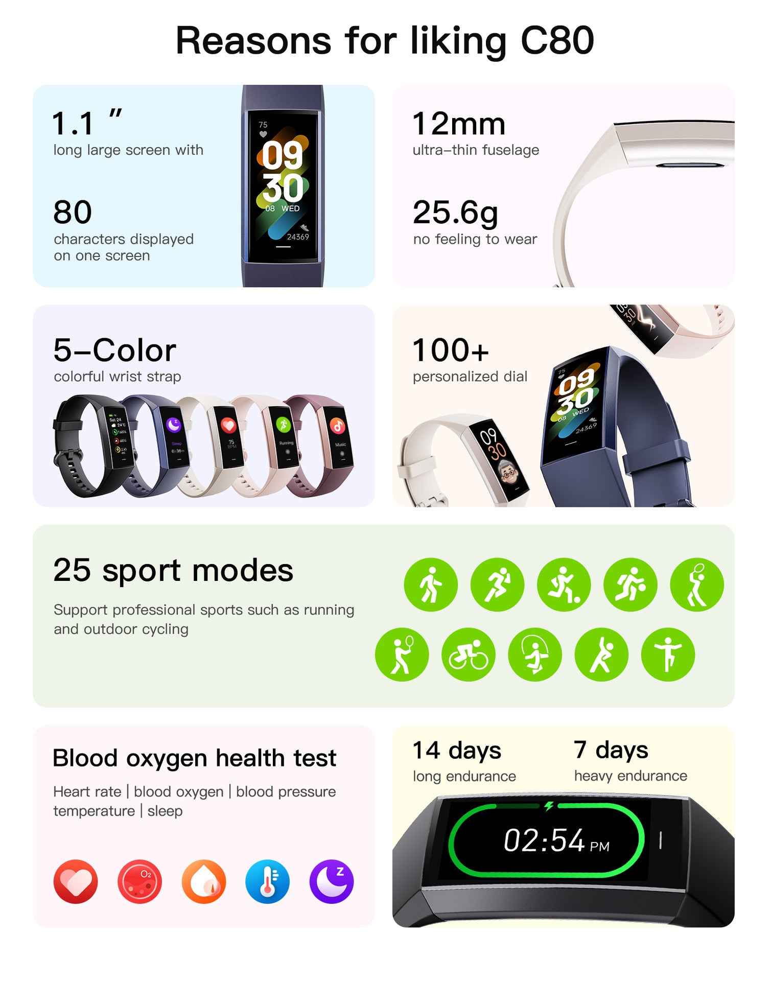 C80 Smart AMOLED Screen Power Heart Rate Blood Oxygen Monitoring Bracelet - LaTezza Online Shop