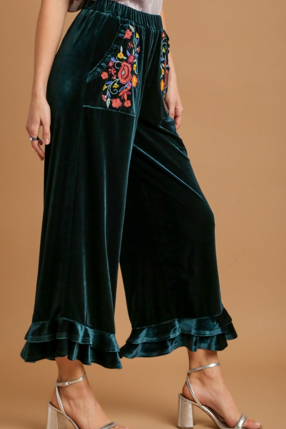 Umgee Full Size Wide Fit Ruffle Velvet Pants with Embroidered Pockets Plus Size - LaTezza Online Shop