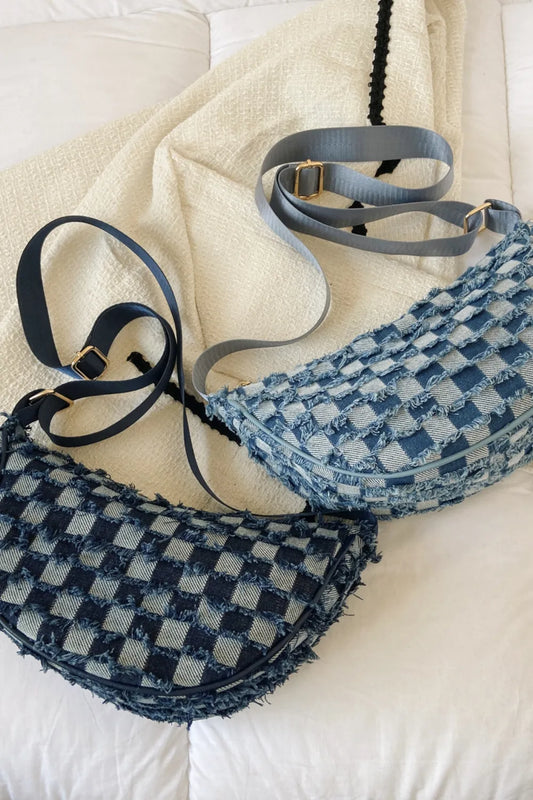 Raw Hem Checkered Denim Crossbody Bag - LaTezza Online Shop
