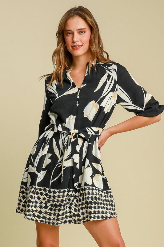 Mini Dress Full Size Floral Print Notched Tie Waist Plus Size - LaTezza Online Shop