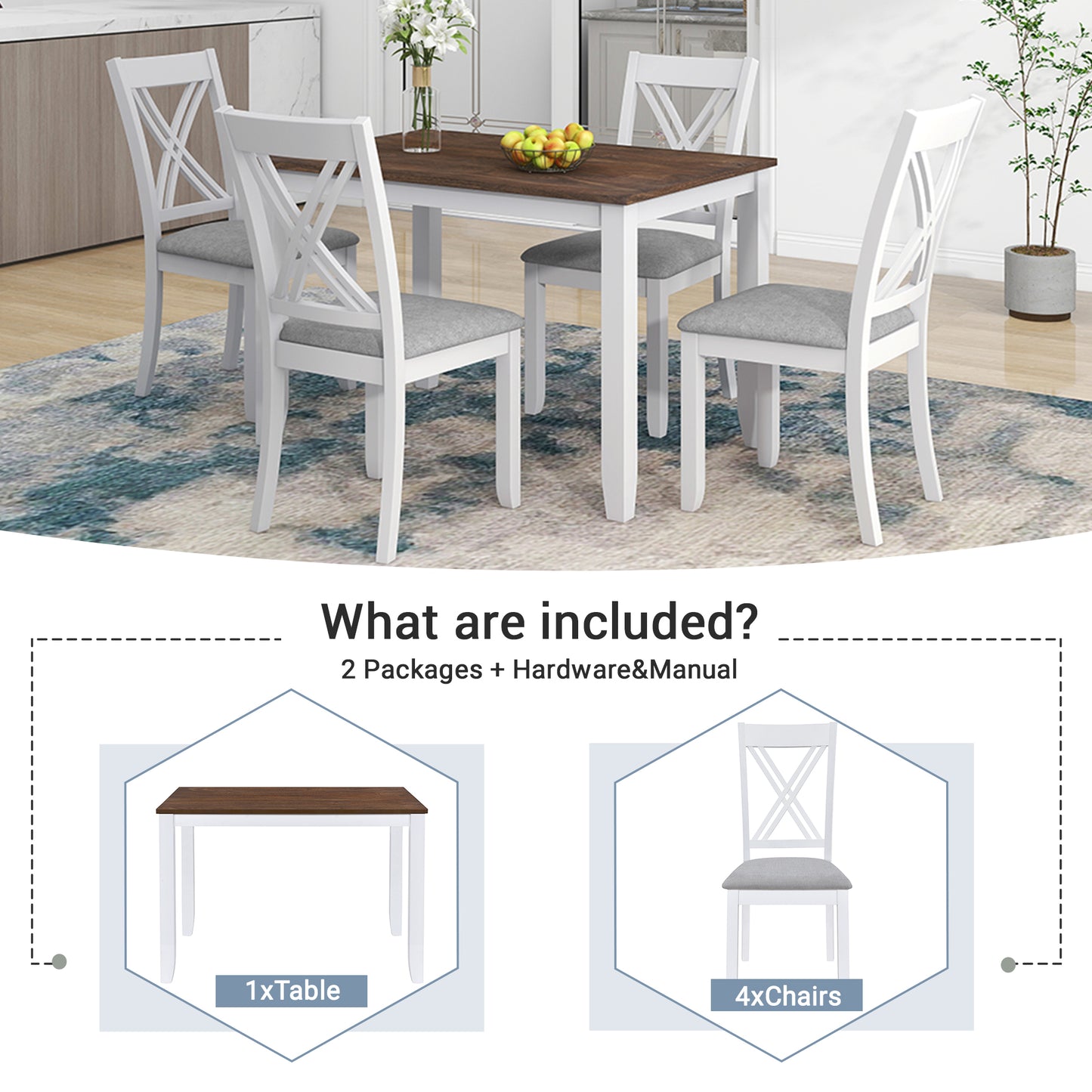 TOPMAX Rustic Minimalist Wood 5-Piece Dining Table Set with 4 X-Back Chairs for Small Places  White - LaTezza Online Shop