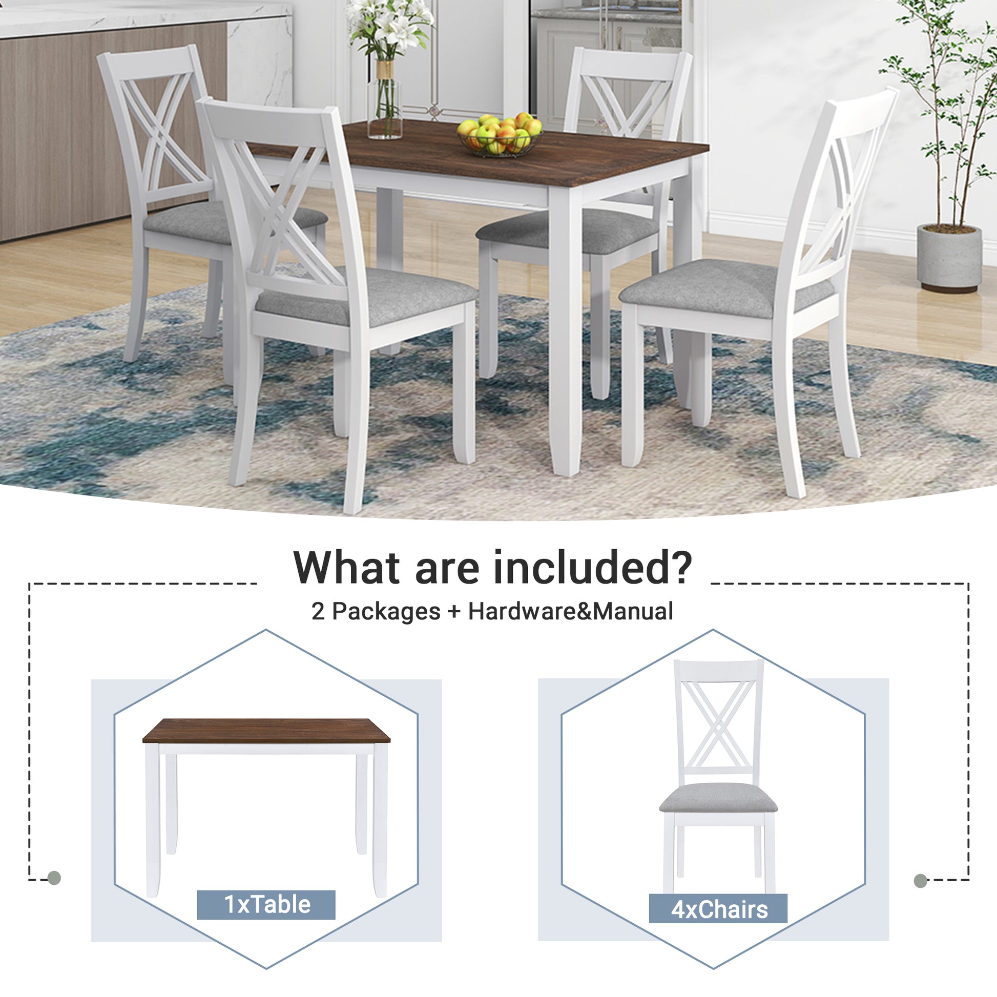 TOPMAX Rustic Minimalist Wood 5-Piece Dining Table Set with 4 X-Back Chairs for Small Places  White - LaTezza Online Shop