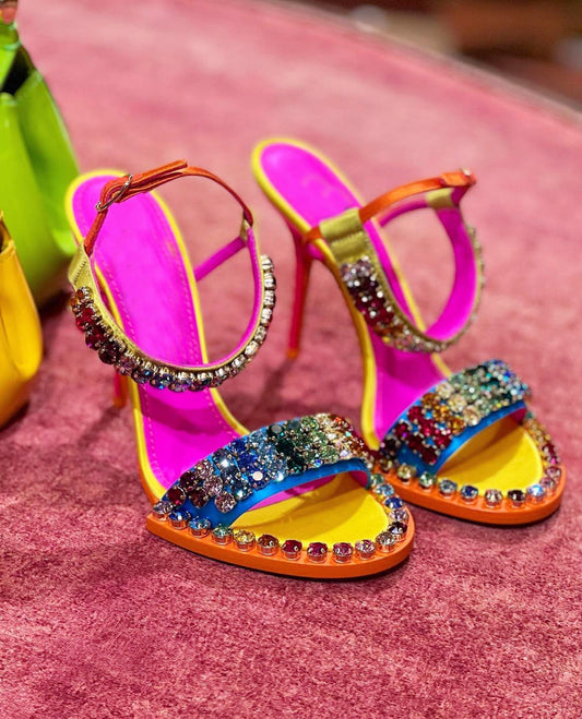 Rhinestones High Heel Sandals Summer Open Toe Ankle Strap Dress Shoes Colorful Stones Wedding Heels - LaTezza Online Shop