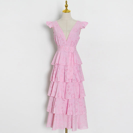 Simple Design Solid Color Cake Skirt Summer New Sexy V-Neck Hook Flower Hollow Stitching Dress - LaTezza Online Shop