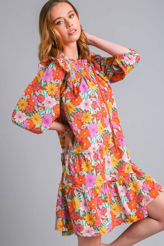 Umgee Full Size Ruffled Flower Print Tie Neck Tiered Dress Plus Size - LaTezza Online Shop