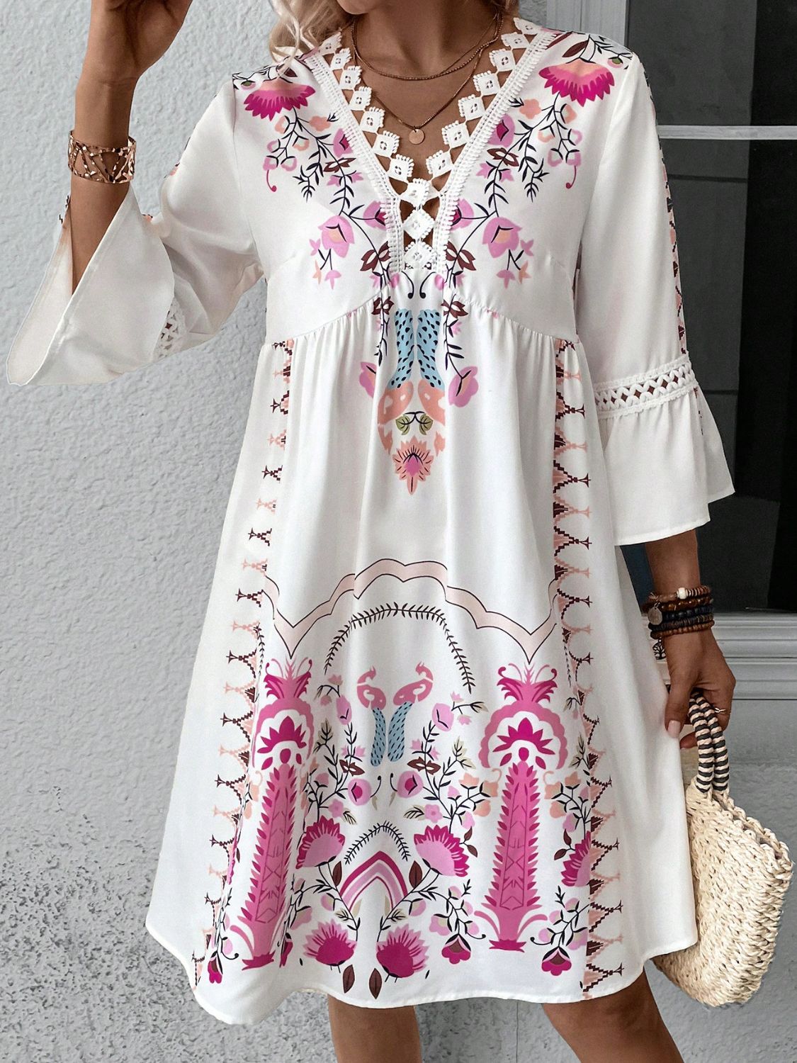 Summer Dress Lace Detail Printed Three-Quarter Sleeve Dress - LaTezza Online Shop