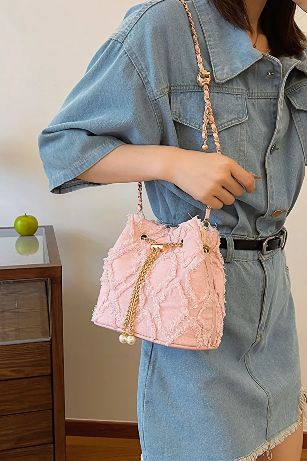 Chain Drawstring Raw Edge Denim Bucket Bag - LaTezza Online Shop