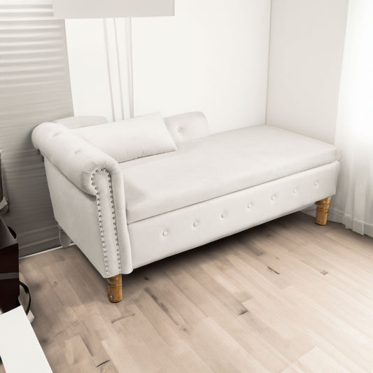 Beige Chaise Lounge Indoor Velvet Lounge Chair for Bedroom with Storage & Pillow Modern Upholstered Rolled Arm Chase Lounge - LaTezza Online Shop