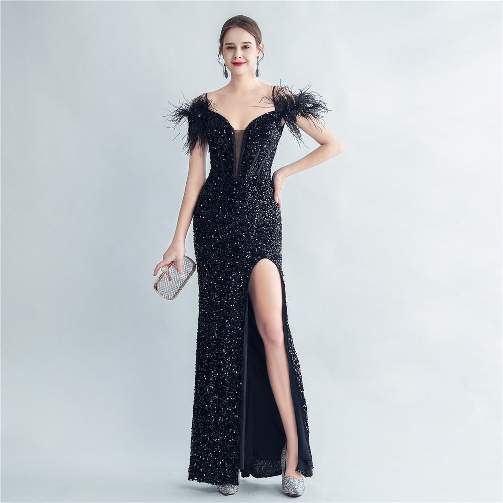 Evening gown ostrich feather tie rope corset sequined mermaid shaped - LaTezza Online Shop