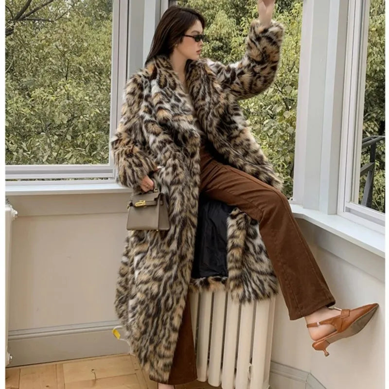 High quality Winter Animal Leopard Faux Fur Extra Long Coat Full Sleeve Loose War Jacket Loose Outerwear - LaTezza Online Shop