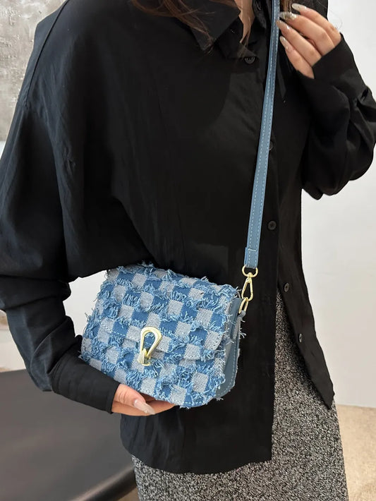 Checkered Raw Hem Adjustable Strap Crossbody Bag - LaTezza Online Shop