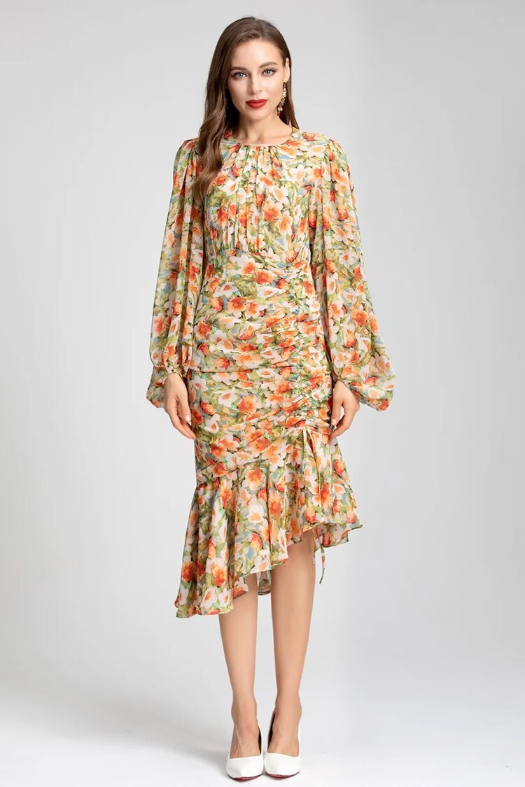 Women's Lantern Sleeve Print High Waist Slim Midi Mermaid Dress