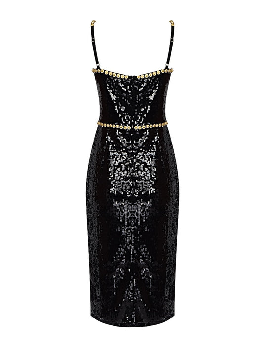 Black Evening Dinner Dress Women Elegant Square Collar Crystal Sequins Spaghetti Strap Dresses - LaTezza Online Shop