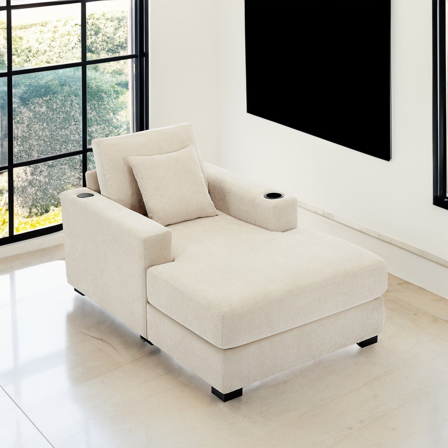 39.7" Oversized Chaise Lounger Modern Style Sofa Couch ,with Pillows, Charge Station & Cup Holders, Chenille Fabric, Cream - LaTezza Online Shop