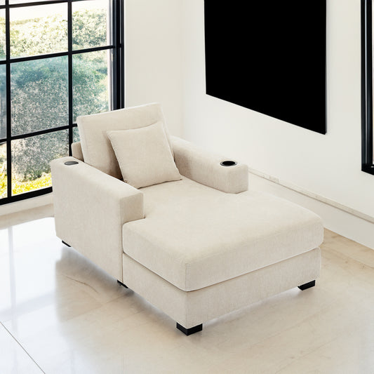 39.7" Oversized Chaise Lounger Modern Style Sofa Couch ,with Pillows, Charge Station & Cup Holders, Chenille Fabric, Cream - LaTezza Online Shop