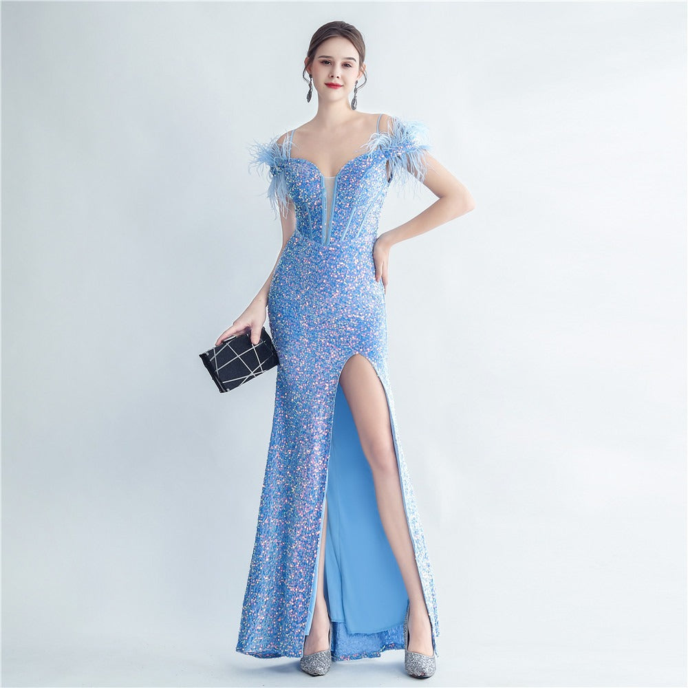 Evening gown ostrich feather tie rope corset sequined mermaid shaped - LaTezza Online Shop