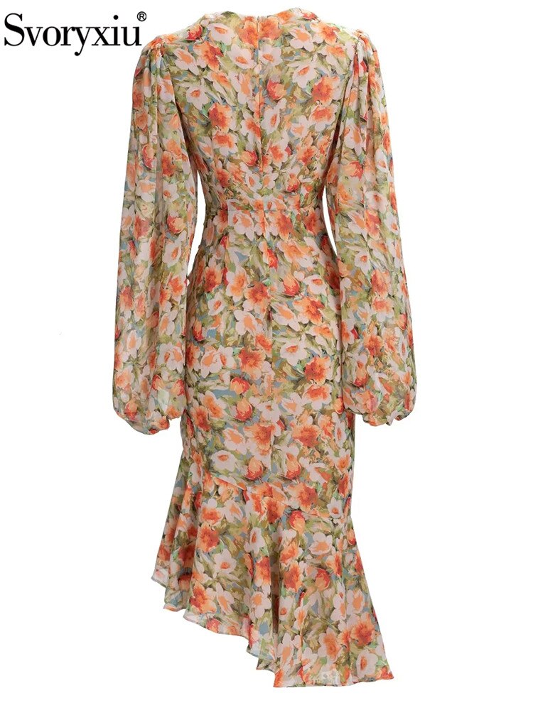 Women's Lantern Sleeve Print High Waist Slim Midi Mermaid Dress