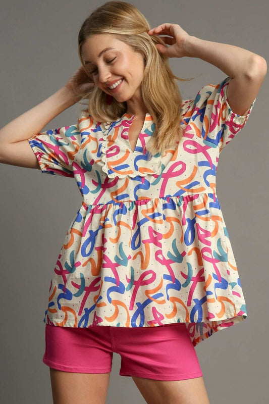 Umgee Full Size Mixed Print Puff Sleeve Babydoll Blouse Plus Size - LaTezza Online Shop