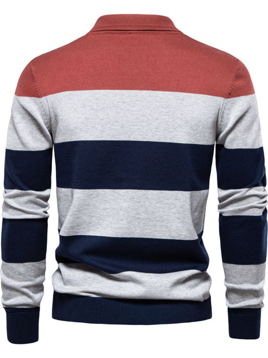 Men's Striped Long Sleeve Knit Polo - LaTezza Online Shop