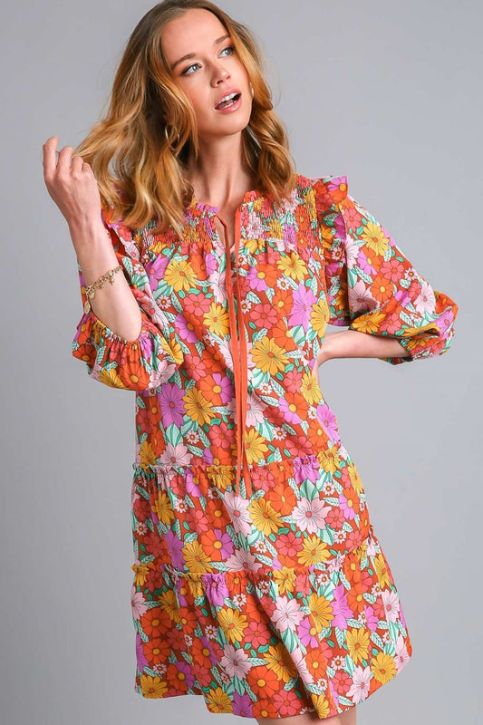 Umgee Full Size Ruffled Flower Print Tie Neck Tiered Dress Plus Size - LaTezza Online Shop