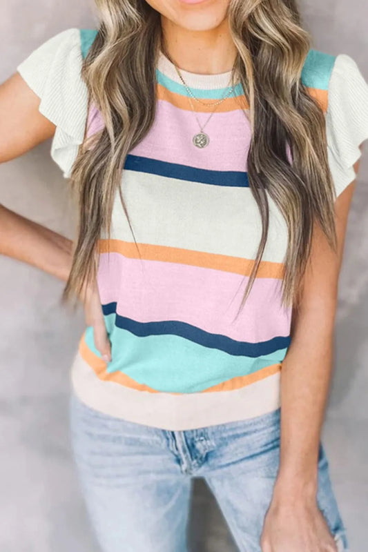 Color Block Round Neck Cap Sleeve Knit Top - LaTezza Online Shop