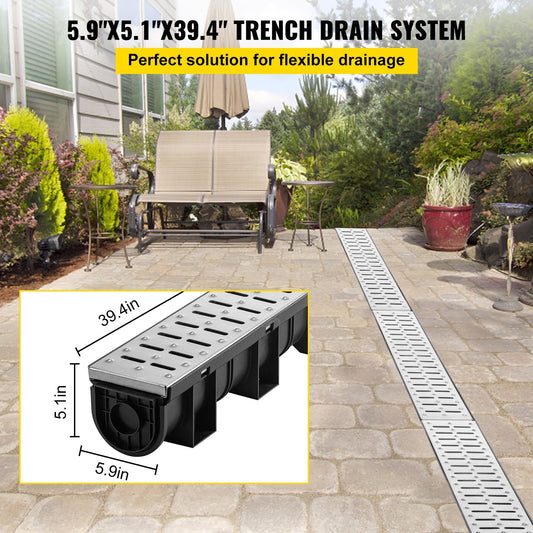 VEVOR Trench Drain System, Channel Drain With Metal Grate, 5.9x5.1-Inch HDPE Drainage Trench, Black Plastic Garage Floor Drain, 3x39 Trench Drain Grate, With 3 End Caps, For Garden, Driveway- - LaTezza Online Shop