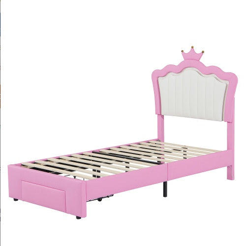 Twin Size Upholstered Bed Frame With LED Lights Modern Princess Bed With Crown Headboard and drawer