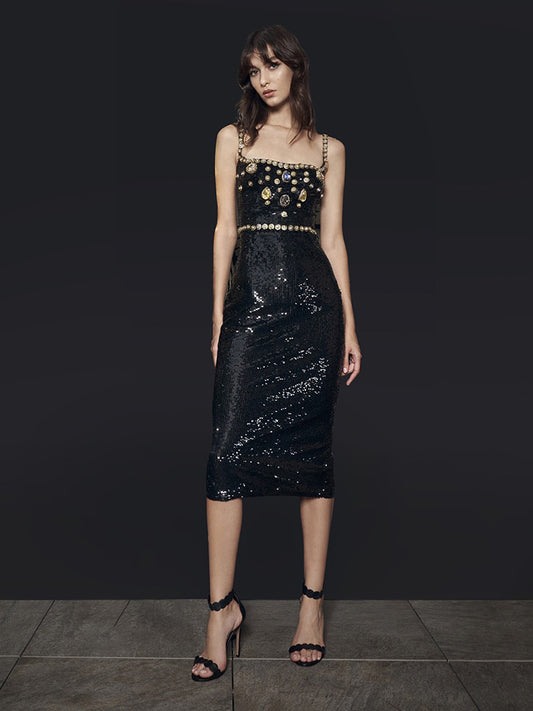 Black Evening Dinner Dress Women Elegant Square Collar Crystal Sequins Spaghetti Strap Dresses - LaTezza Online Shop