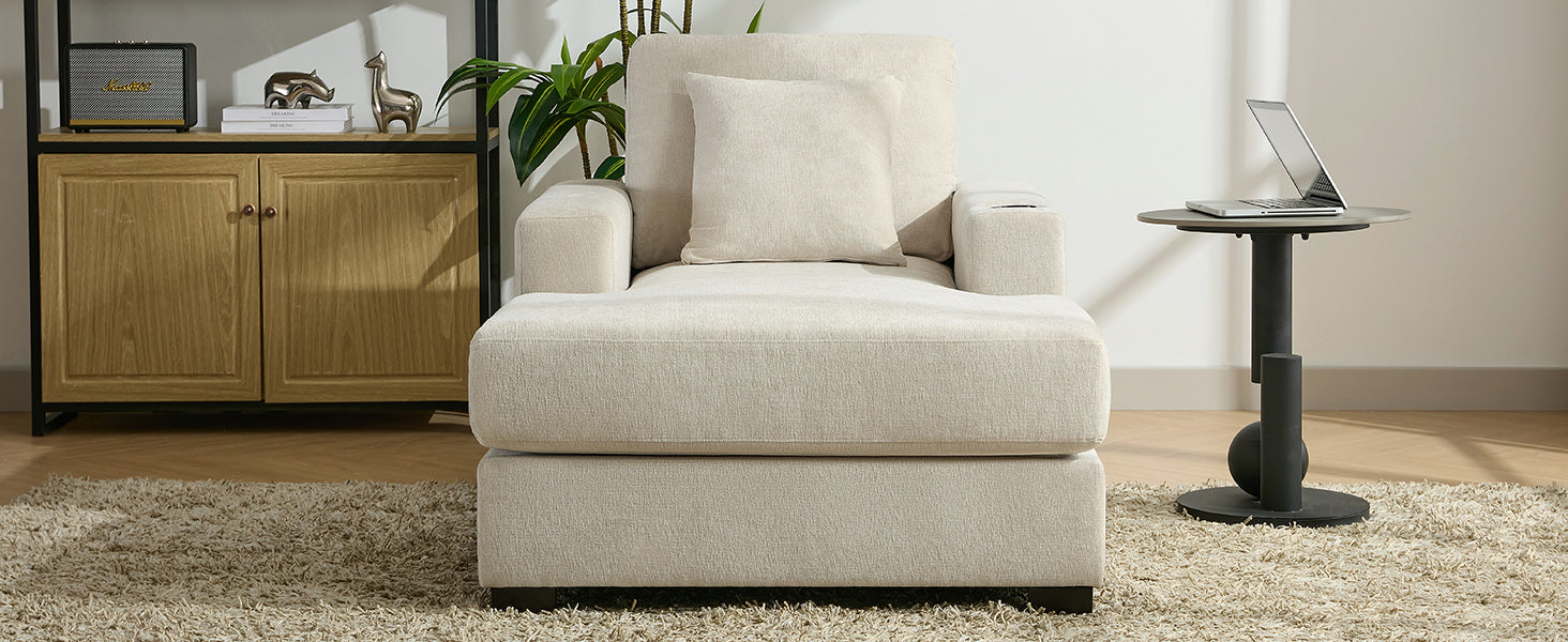 39.7" Oversized Chaise Lounger Modern Style Sofa Couch ,with Pillows, Charge Station & Cup Holders, Chenille Fabric, Cream - LaTezza Online Shop