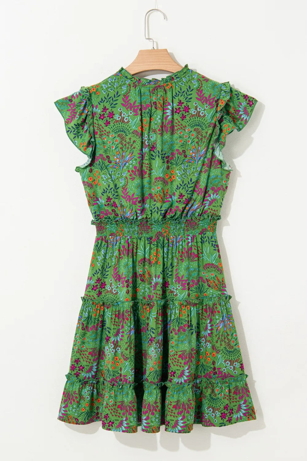 Short Dress Floral Tie Split Neck Frilly Ruffle Trim Tiered - LaTezza Online Shop