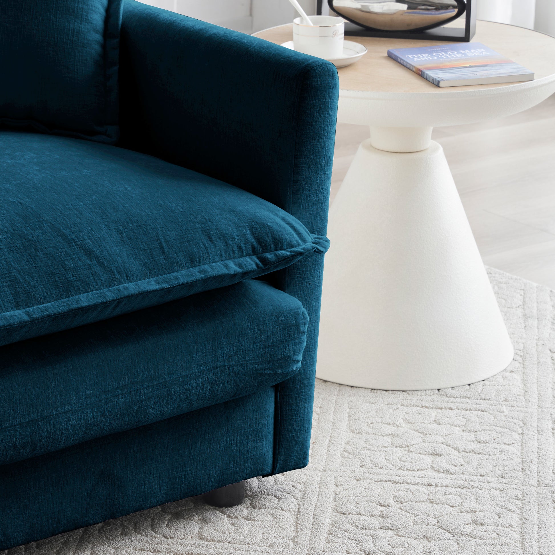 Chenille double sofa with 1 foot pedal, 2 seats L-shaped section, Ottoman style blue Chenille - LaTezza Online Shop