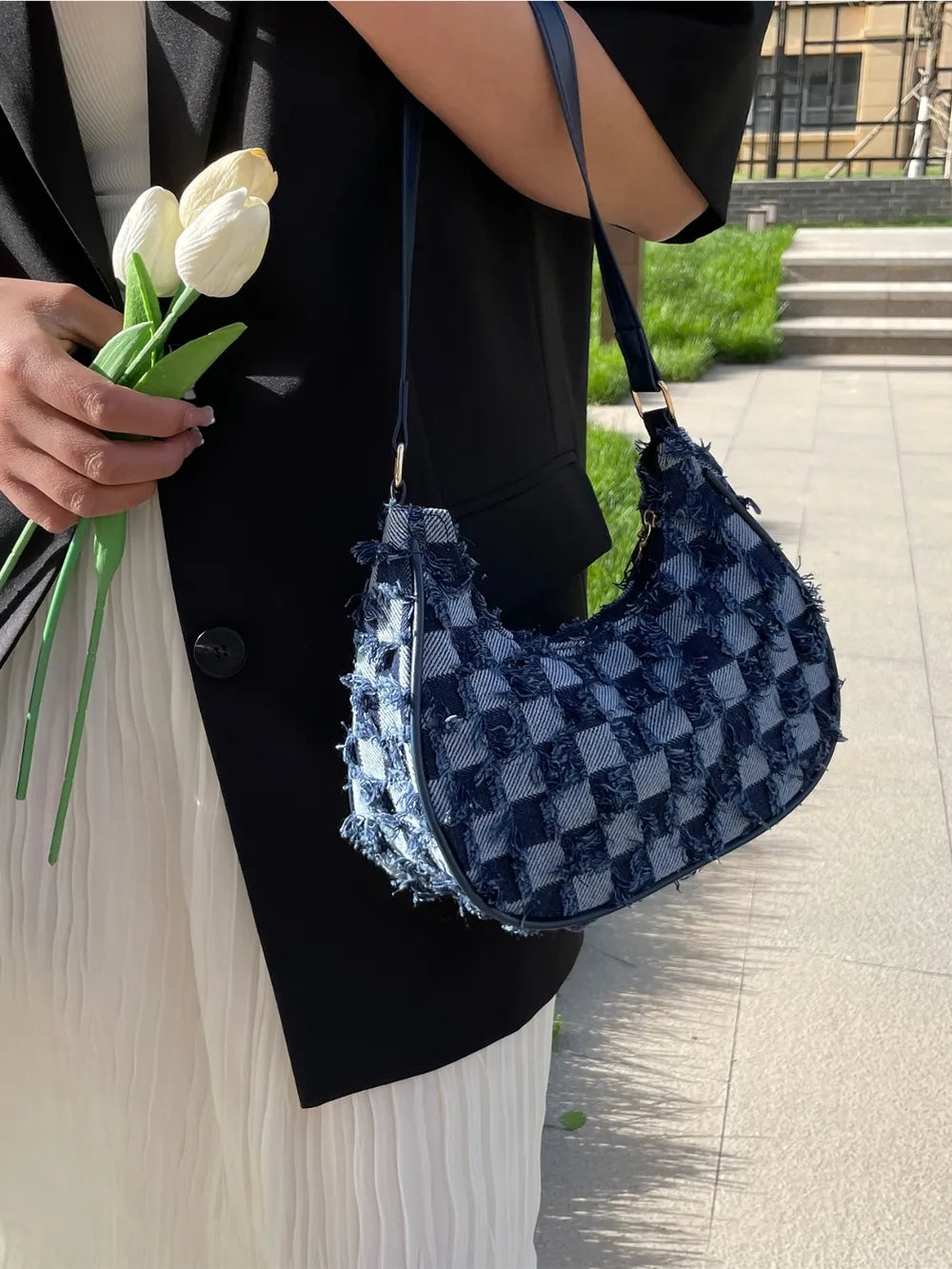 Checkered Raw Hem Shoulder Bag - LaTezza Online Shop