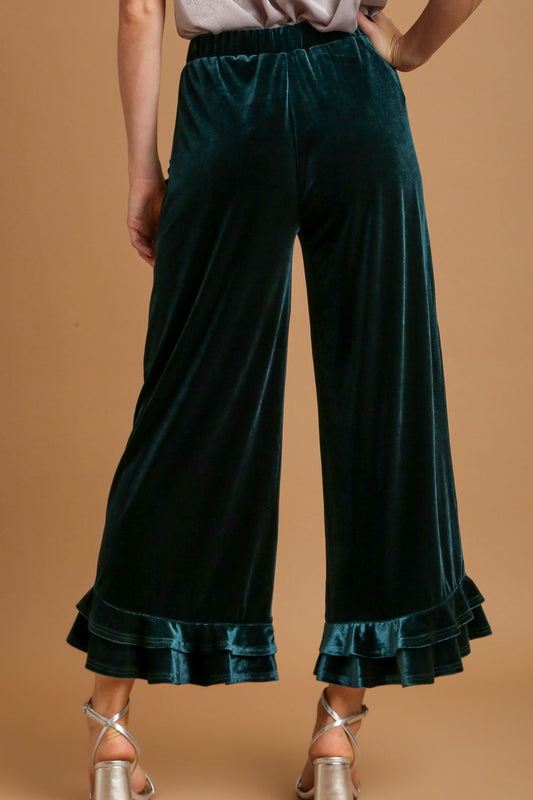 Umgee Full Size Wide Fit Ruffle Velvet Pants with Embroidered Pockets Plus Size - LaTezza Online Shop