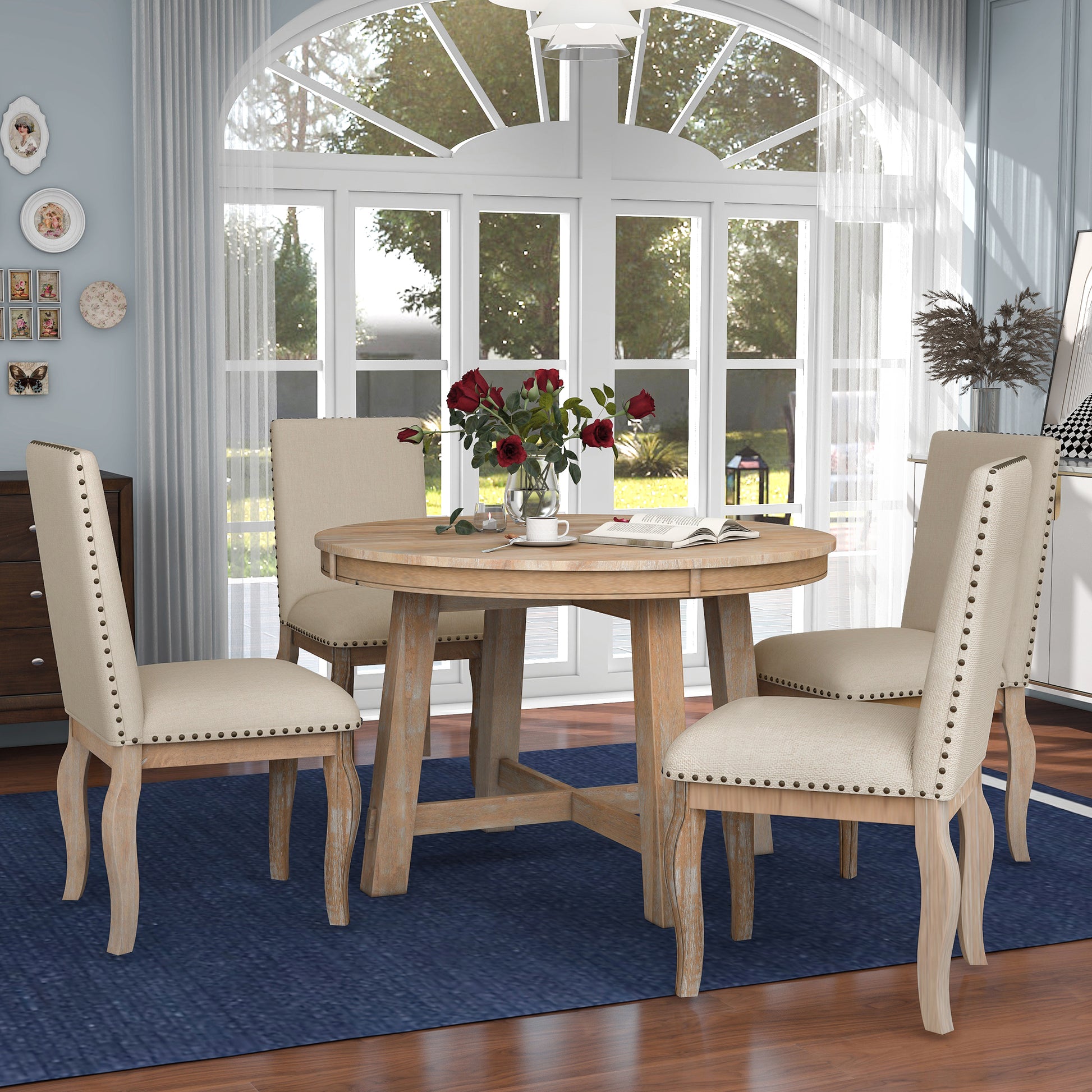 TREXM 5-Piece Farmhouse Dining Table Set Wood Round Extendable Dining Table and 4 Upholstered Dining Chairs (Natural Wood Wash) - LaTezza Online Shop