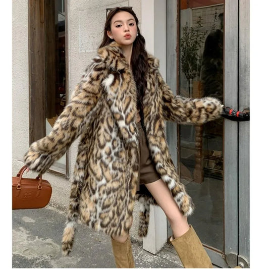 High quality Winter Animal Leopard Faux Fur Extra Long Coat Full Sleeve Loose War Jacket Loose Outerwear - LaTezza Online Shop