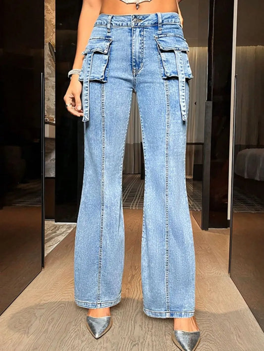 Mid Rise Straight Jeans with Cargo Pockets - LaTezza Online Shop