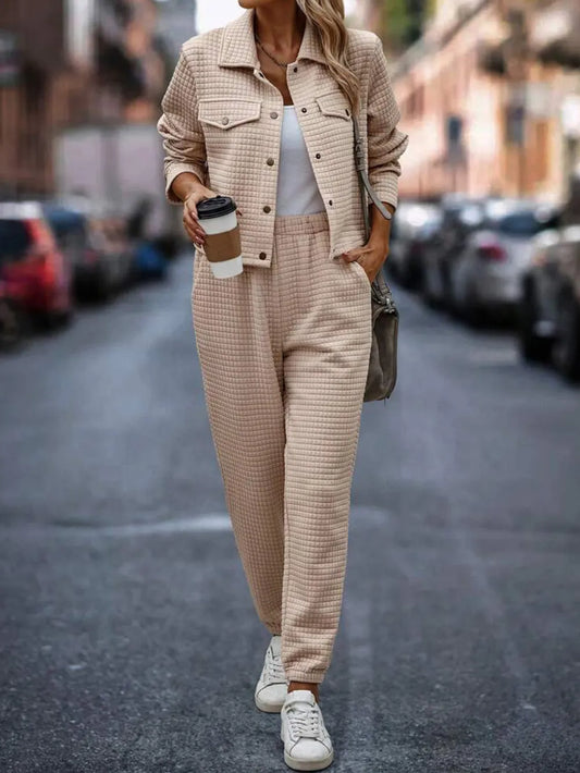 Plaid Texture Snap Down Top and Pants Set - LaTezza Online Shop