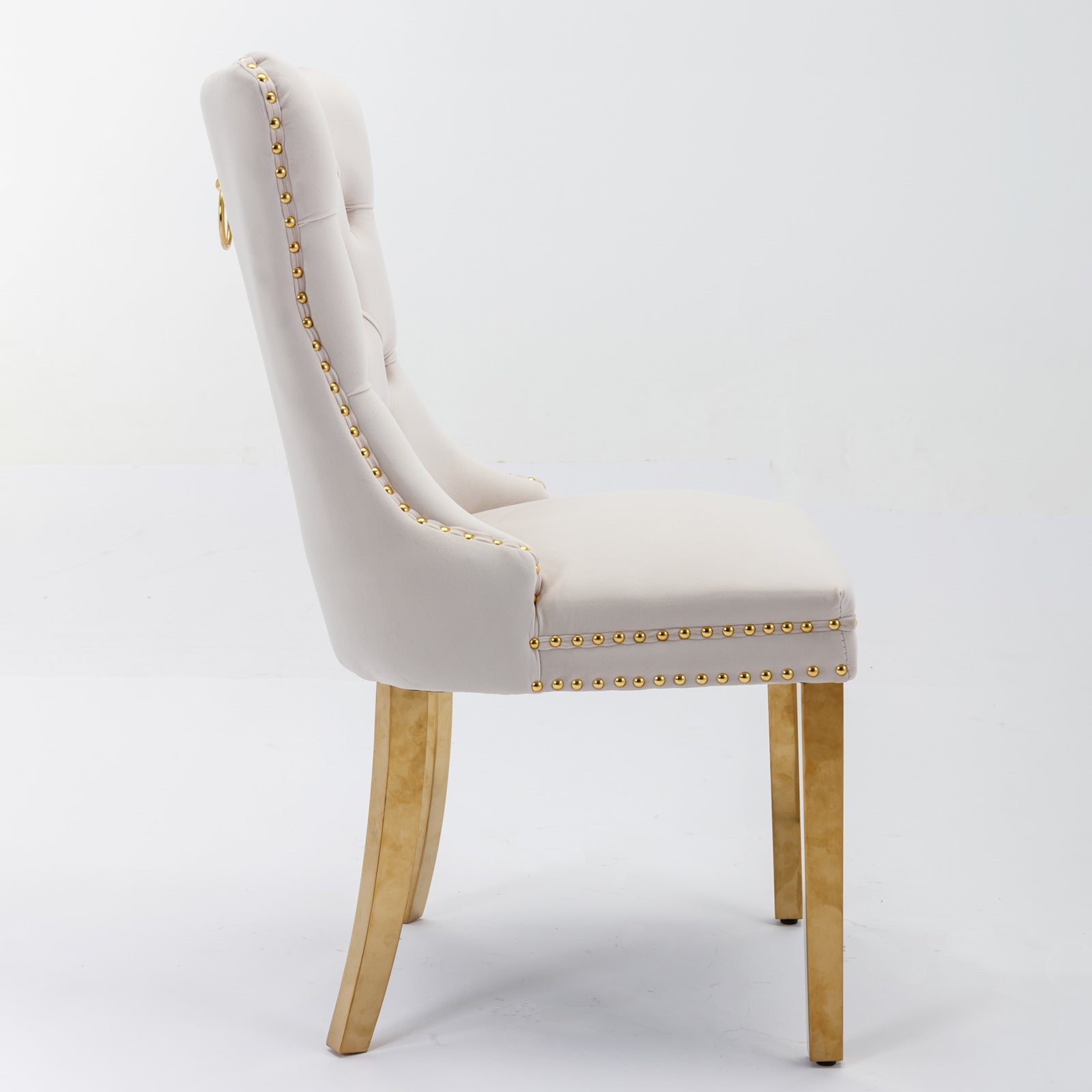 Tufted solid wood velvet soft cushion dining chair gold stainless steel plated leg nail head set of 2 pieces beige and gold - LaTezza Online Shop